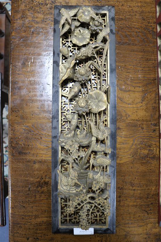 Six Chinese carved giltwood upright panels, soldiers and birds amid foliage